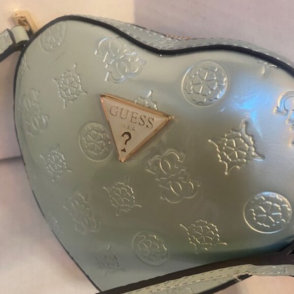 GUESS Arnela Debossed Logo Mini Heart Crossbody Bag in light Blue Leather (NEW) - Picture 2 of 6